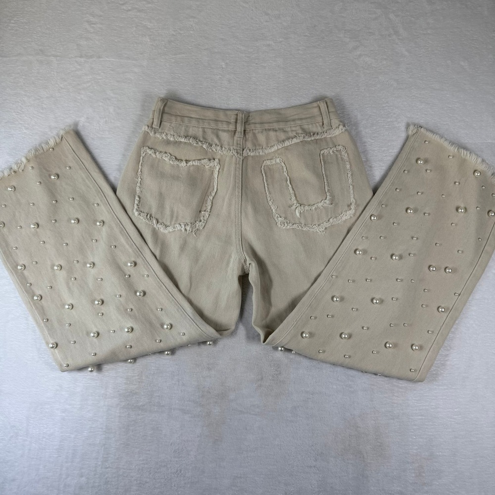 POL Womens Pearl Embellished Straight Leg Jeans Beige Frayed Hem Size S